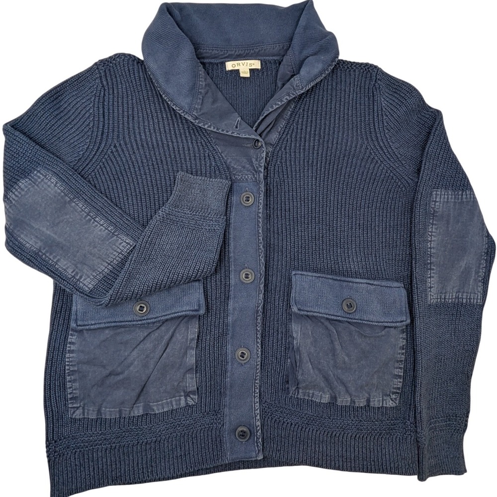 Orvis Navy Blue Cotton Linen Shawl Collar Button Front Cardigan Sweater Size‎ L